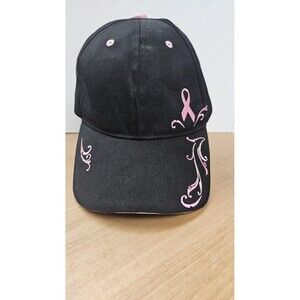 The Breast Cancer Site Hat Cap Strap Back Black Pink Embroidered Ribbon Womens